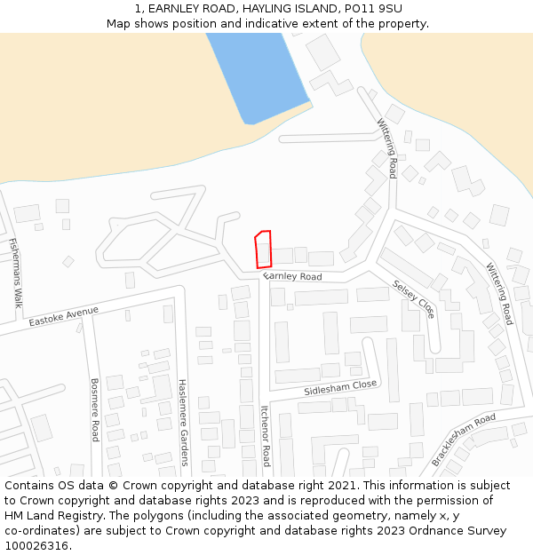 1, EARNLEY ROAD, HAYLING ISLAND, PO11 9SU: Location map and indicative extent of plot