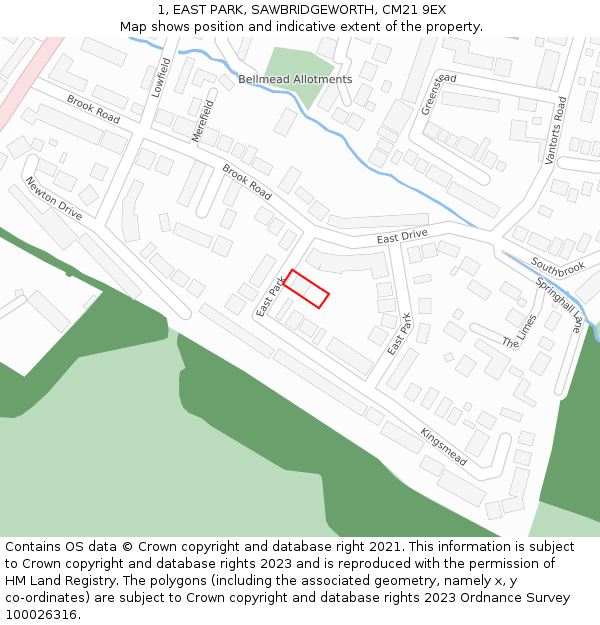 1, EAST PARK, SAWBRIDGEWORTH, CM21 9EX: Location map and indicative extent of plot