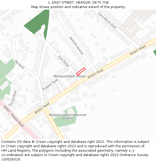 1, EAST STREET, HEANOR, DE75 7NE: Location map and indicative extent of plot