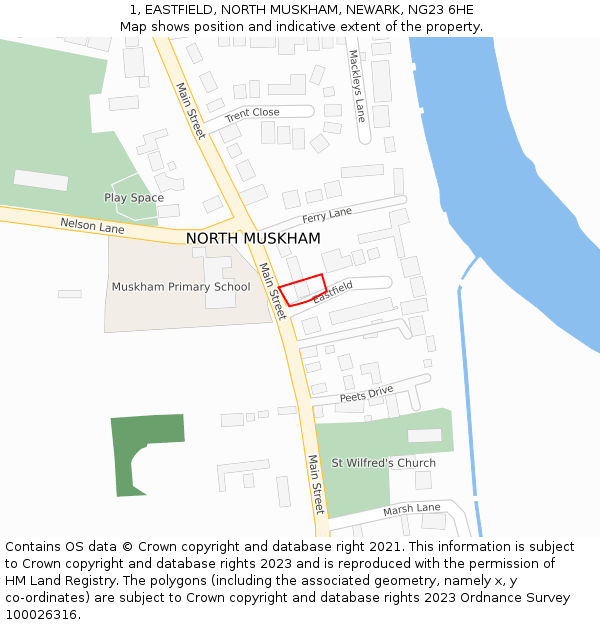 1, EASTFIELD, NORTH MUSKHAM, NEWARK, NG23 6HE: Location map and indicative extent of plot