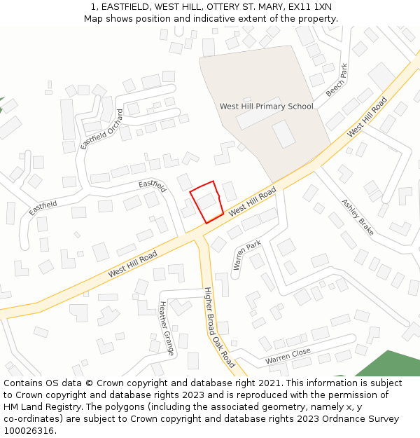 1, EASTFIELD, WEST HILL, OTTERY ST. MARY, EX11 1XN: Location map and indicative extent of plot