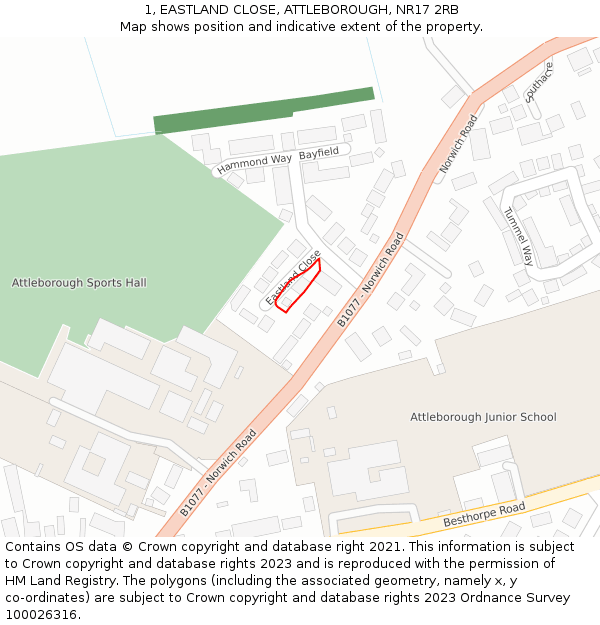 1, EASTLAND CLOSE, ATTLEBOROUGH, NR17 2RB: Location map and indicative extent of plot