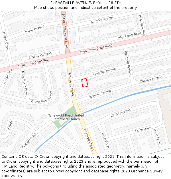 1, EASTVILLE AVENUE, RHYL, LL18 3TH: Location map and indicative extent of plot