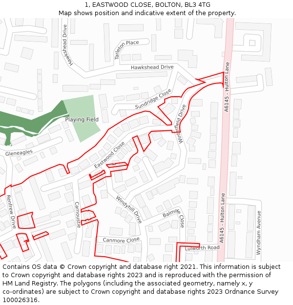 1, EASTWOOD CLOSE, BOLTON, BL3 4TG: Location map and indicative extent of plot