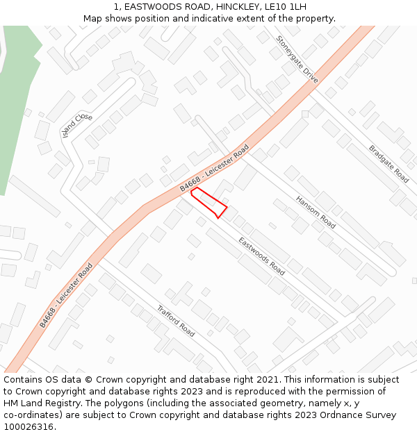 1, EASTWOODS ROAD, HINCKLEY, LE10 1LH: Location map and indicative extent of plot