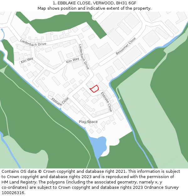 1, EBBLAKE CLOSE, VERWOOD, BH31 6GF: Location map and indicative extent of plot