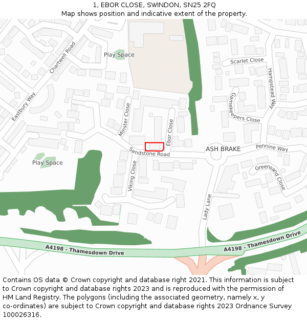 1, EBOR CLOSE, SWINDON, SN25 2FQ: Location map and indicative extent of plot