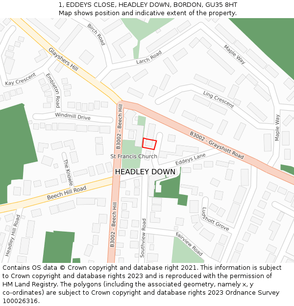 1, EDDEYS CLOSE, HEADLEY DOWN, BORDON, GU35 8HT: Location map and indicative extent of plot