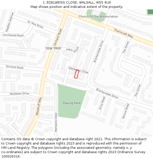 1, EDELWEISS CLOSE, WALSALL, WS5 4UX: Location map and indicative extent of plot