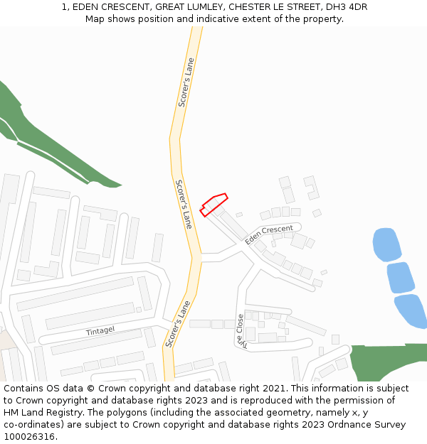 1, EDEN CRESCENT, GREAT LUMLEY, CHESTER LE STREET, DH3 4DR: Location map and indicative extent of plot