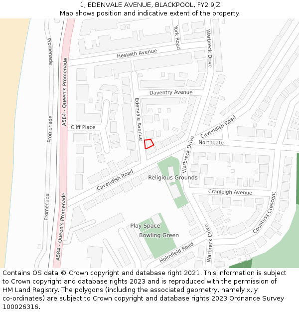 1, EDENVALE AVENUE, BLACKPOOL, FY2 9JZ: Location map and indicative extent of plot