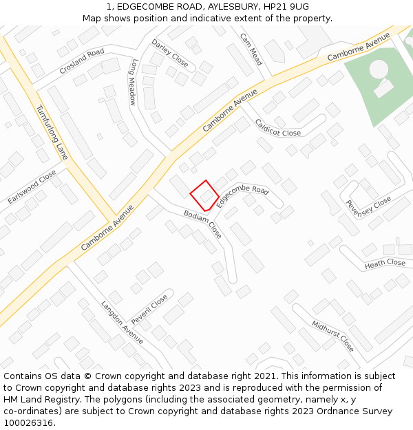 1, EDGECOMBE ROAD, AYLESBURY, HP21 9UG: Location map and indicative extent of plot