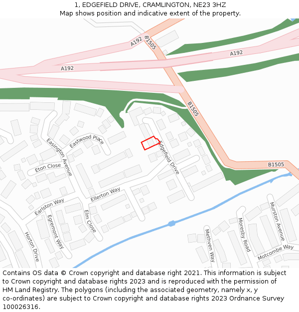 1, EDGEFIELD DRIVE, CRAMLINGTON, NE23 3HZ: Location map and indicative extent of plot