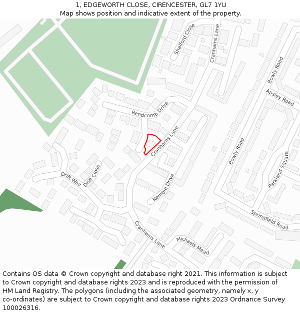 1, EDGEWORTH CLOSE, CIRENCESTER, GL7 1YU: Location map and indicative extent of plot