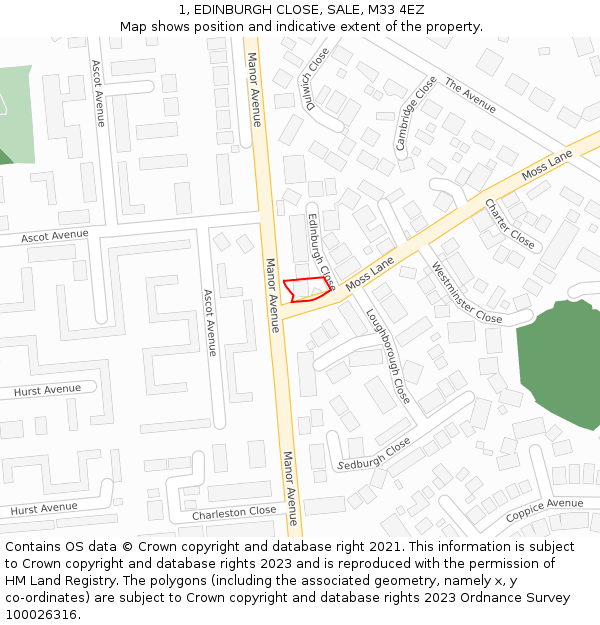 1, EDINBURGH CLOSE, SALE, M33 4EZ: Location map and indicative extent of plot