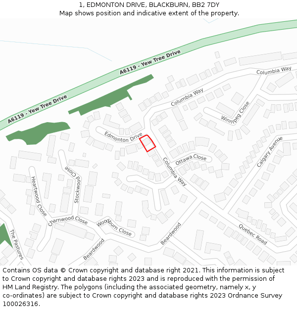 1, EDMONTON DRIVE, BLACKBURN, BB2 7DY: Location map and indicative extent of plot