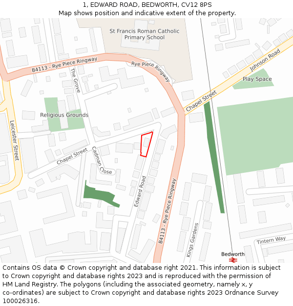 1, EDWARD ROAD, BEDWORTH, CV12 8PS: Location map and indicative extent of plot