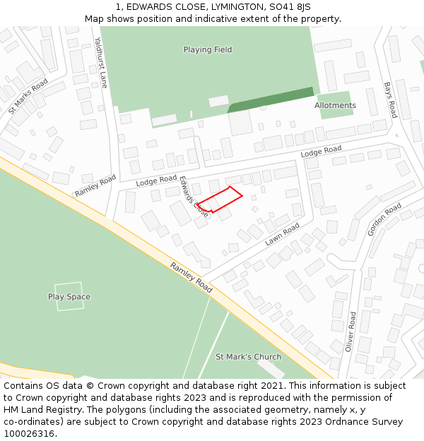 1, EDWARDS CLOSE, LYMINGTON, SO41 8JS: Location map and indicative extent of plot