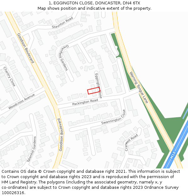 1, EGGINGTON CLOSE, DONCASTER, DN4 6TX: Location map and indicative extent of plot