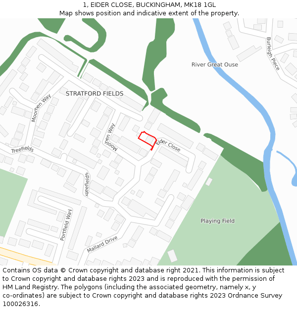 1, EIDER CLOSE, BUCKINGHAM, MK18 1GL: Location map and indicative extent of plot