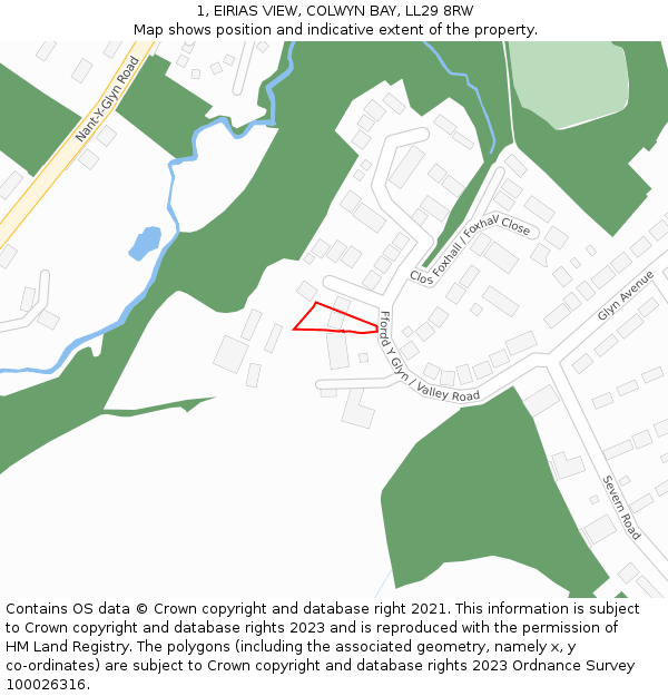 1, EIRIAS VIEW, COLWYN BAY, LL29 8RW: Location map and indicative extent of plot