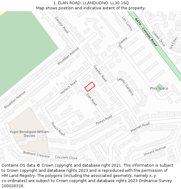 1, ELAN ROAD, LLANDUDNO, LL30 1SQ: Location map and indicative extent of plot