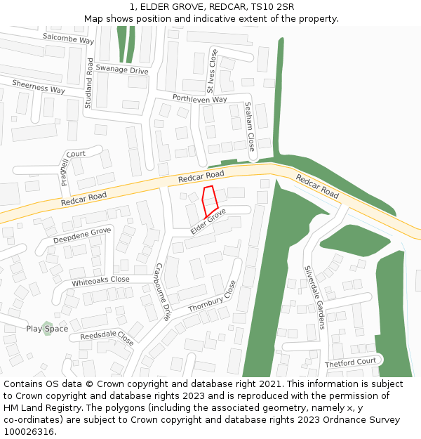 1, ELDER GROVE, REDCAR, TS10 2SR: Location map and indicative extent of plot