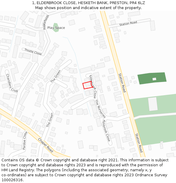 1, ELDERBROOK CLOSE, HESKETH BANK, PRESTON, PR4 6LZ: Location map and indicative extent of plot