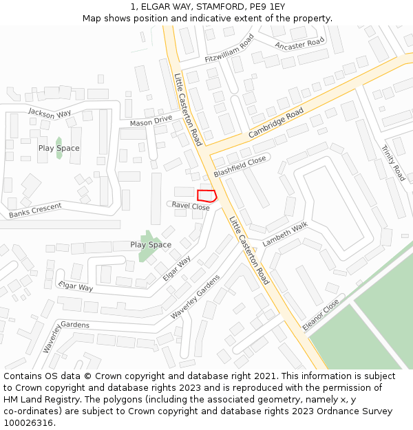 1, ELGAR WAY, STAMFORD, PE9 1EY: Location map and indicative extent of plot