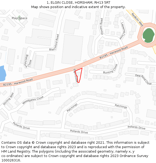 1, ELGIN CLOSE, HORSHAM, RH13 5RT: Location map and indicative extent of plot