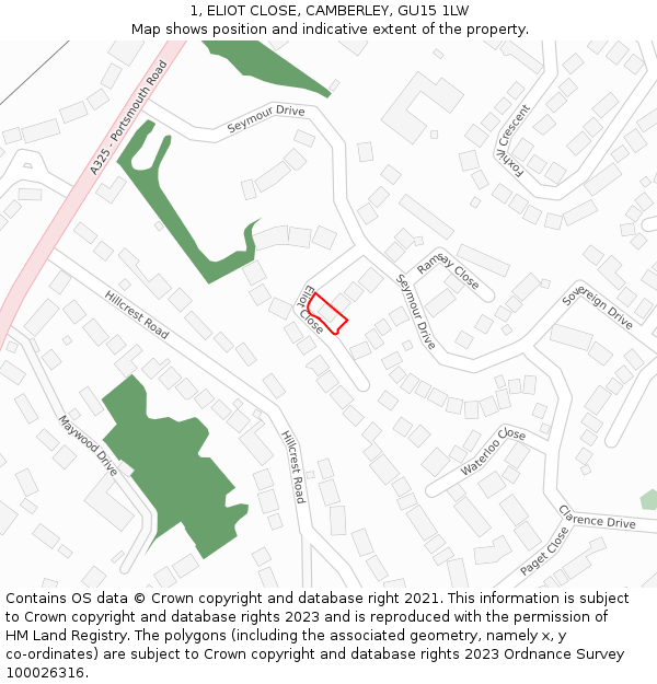 1, ELIOT CLOSE, CAMBERLEY, GU15 1LW: Location map and indicative extent of plot