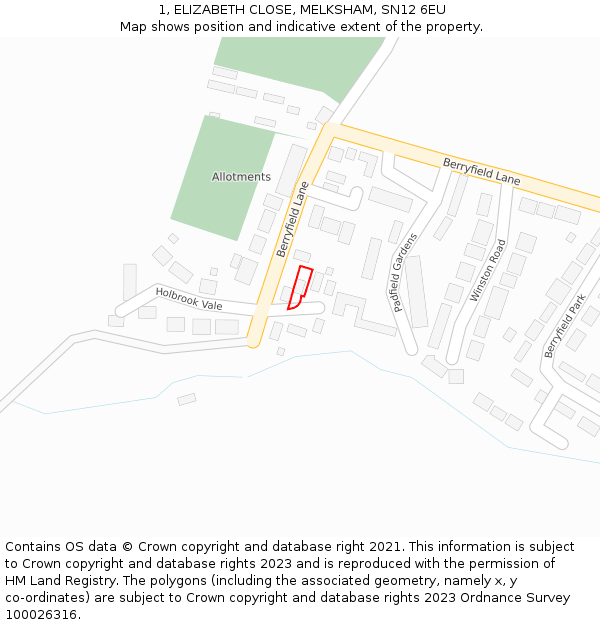 1, ELIZABETH CLOSE, MELKSHAM, SN12 6EU: Location map and indicative extent of plot