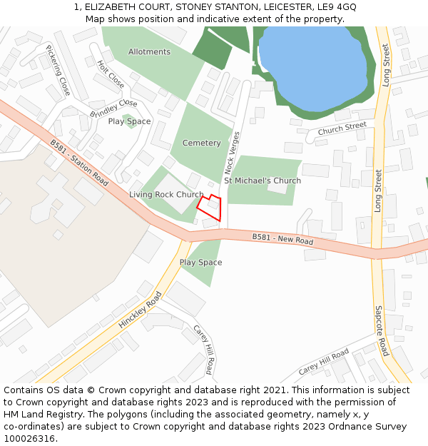 1, ELIZABETH COURT, STONEY STANTON, LEICESTER, LE9 4GQ: Location map and indicative extent of plot