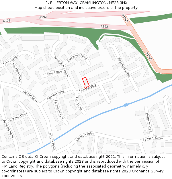 1, ELLERTON WAY, CRAMLINGTON, NE23 3HX: Location map and indicative extent of plot