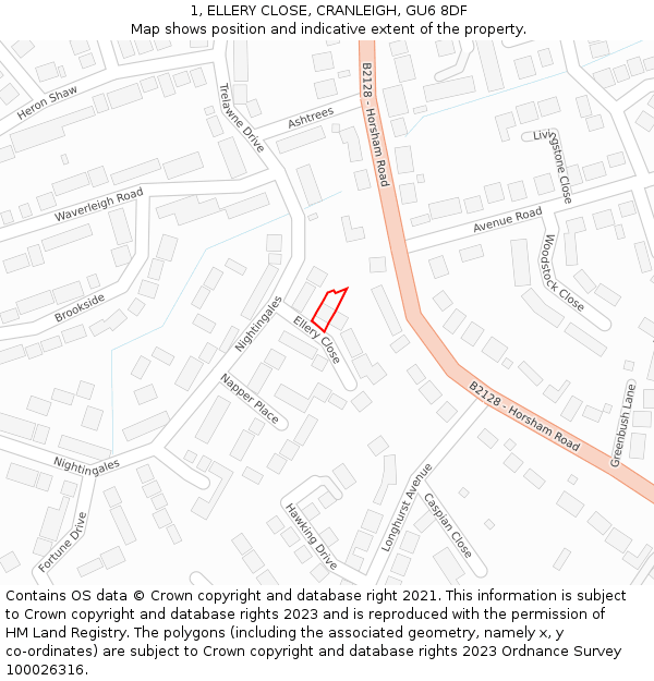 1, ELLERY CLOSE, CRANLEIGH, GU6 8DF: Location map and indicative extent of plot