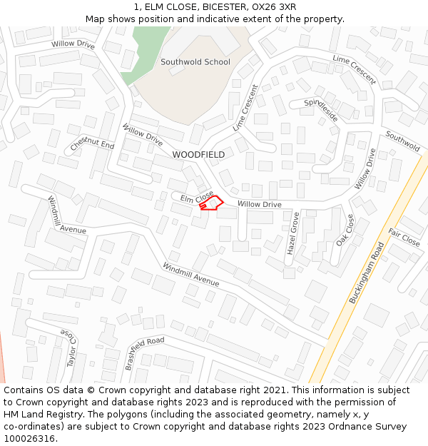 1, ELM CLOSE, BICESTER, OX26 3XR: Location map and indicative extent of plot