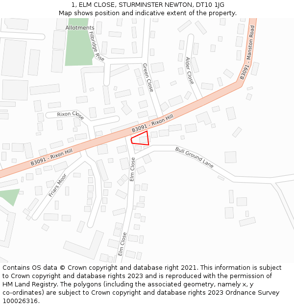 1, ELM CLOSE, STURMINSTER NEWTON, DT10 1JG: Location map and indicative extent of plot