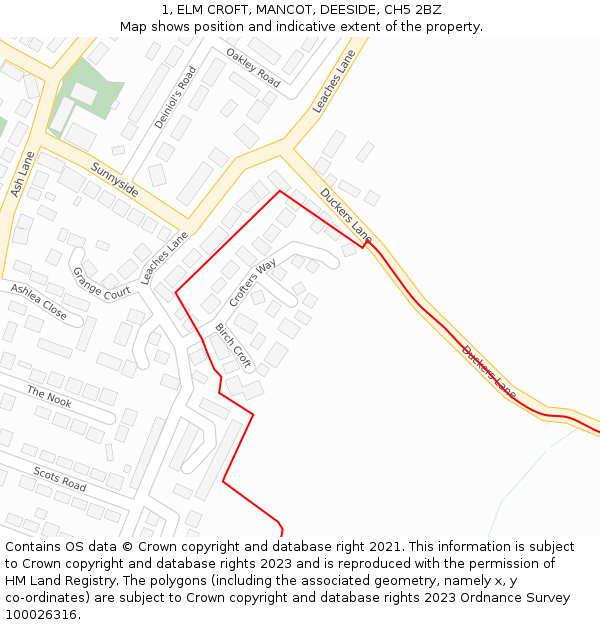 1, ELM CROFT, MANCOT, DEESIDE, CH5 2BZ: Location map and indicative extent of plot