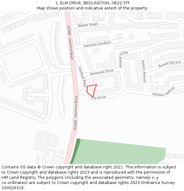 1, ELM DRIVE, BEDLINGTON, NE22 5TF: Location map and indicative extent of plot