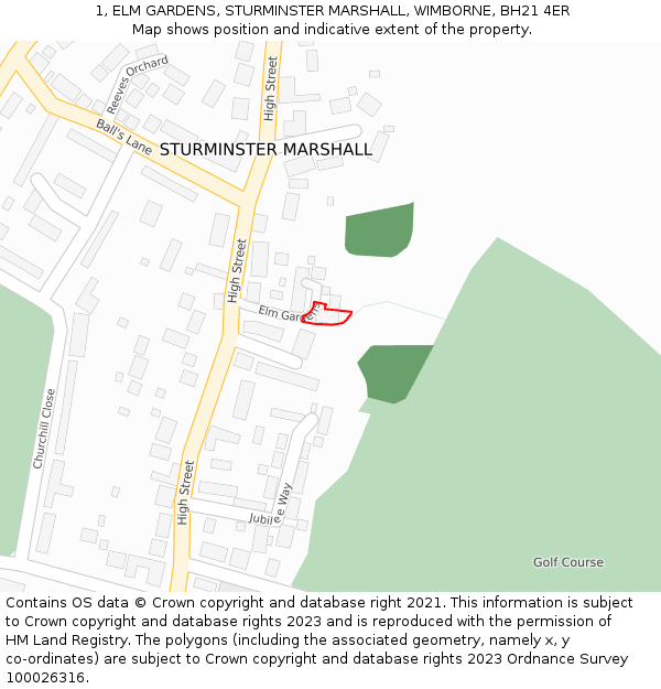 1, ELM GARDENS, STURMINSTER MARSHALL, WIMBORNE, BH21 4ER: Location map and indicative extent of plot