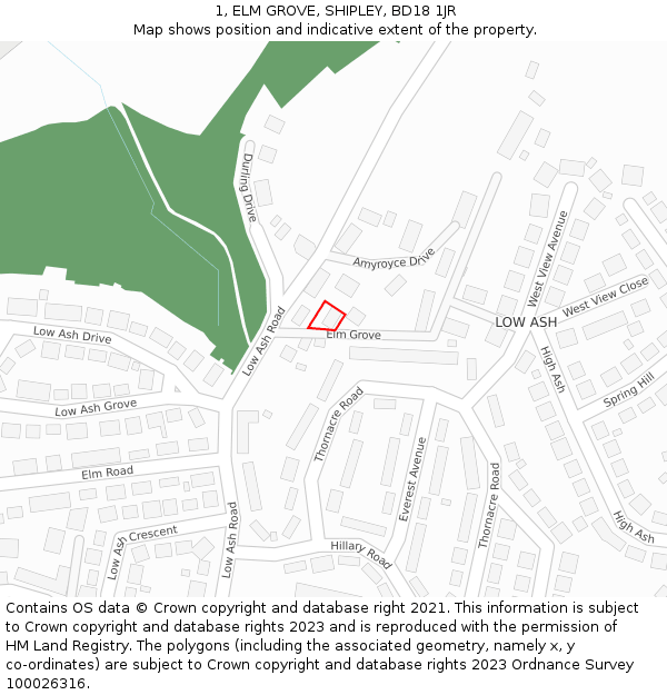 1, ELM GROVE, SHIPLEY, BD18 1JR: Location map and indicative extent of plot