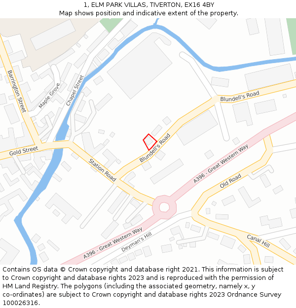 1, ELM PARK VILLAS, TIVERTON, EX16 4BY: Location map and indicative extent of plot