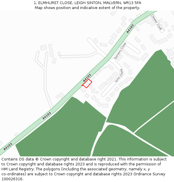 1, ELMHURST CLOSE, LEIGH SINTON, MALVERN, WR13 5FA: Location map and indicative extent of plot