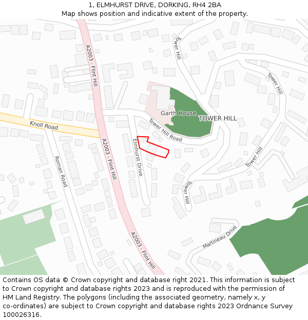 1, ELMHURST DRIVE, DORKING, RH4 2BA: Location map and indicative extent of plot