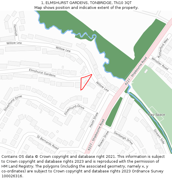 1, ELMSHURST GARDENS, TONBRIDGE, TN10 3QT: Location map and indicative extent of plot