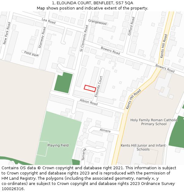 1, ELOUNDA COURT, BENFLEET, SS7 5QA: Location map and indicative extent of plot