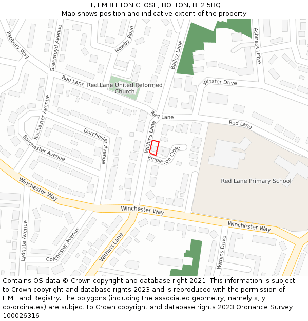 1, EMBLETON CLOSE, BOLTON, BL2 5BQ: Location map and indicative extent of plot