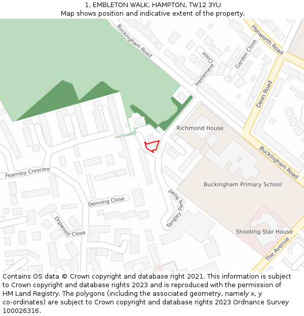 1, EMBLETON WALK, HAMPTON, TW12 3YU: Location map and indicative extent of plot