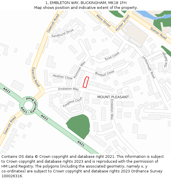 1, EMBLETON WAY, BUCKINGHAM, MK18 1FH: Location map and indicative extent of plot