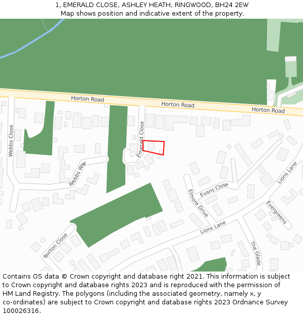 1, EMERALD CLOSE, ASHLEY HEATH, RINGWOOD, BH24 2EW: Location map and indicative extent of plot